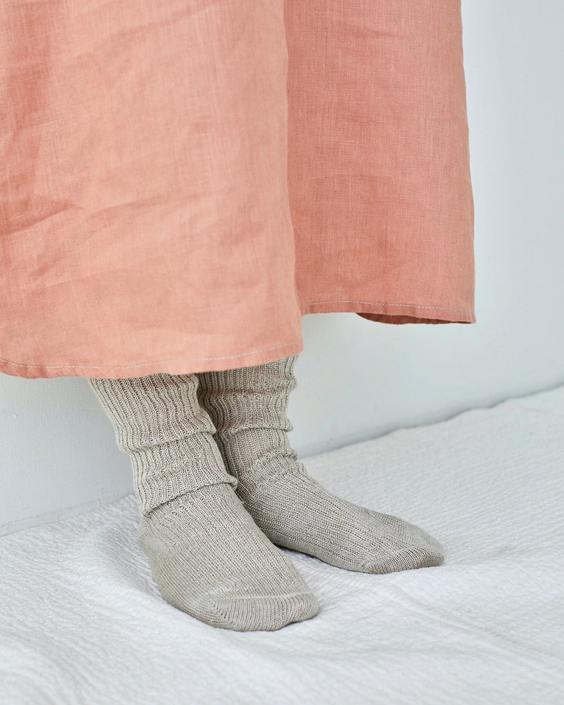 Linen Rib Crew Sock: Natural